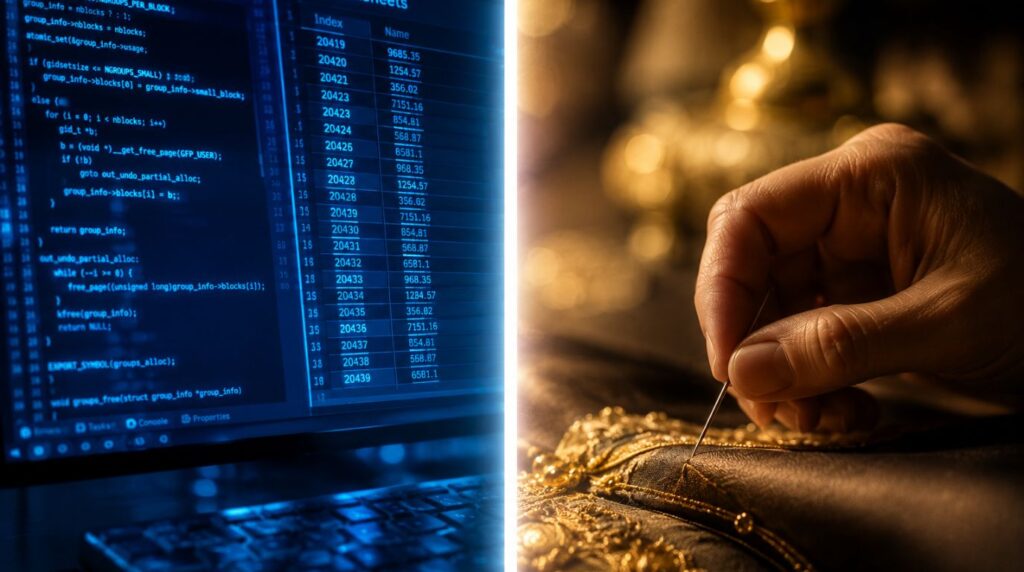 A visual comparison of digital automation versus AI-resistant skills like traditional tailoring and craftsmanship.