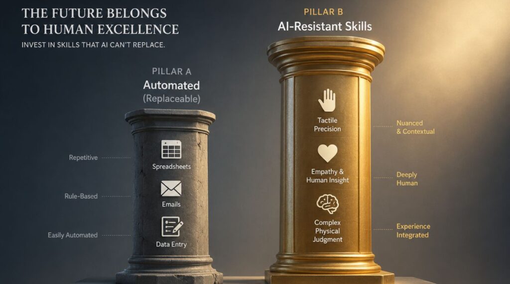 An infographic highlighting high-value AI-resistant skills compared to easily automated digital tasks.