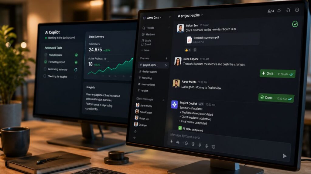 A clean office desktop layout showcasing how AI-driven automation shifts the focus of modern workplace communication toward rapid human response.