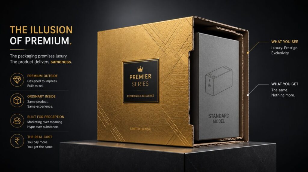 A conceptual 3D render of a luxury product package revealing an unedited core, warning against superficial corporate rebranding strategy steps.