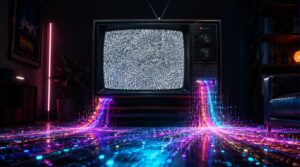 A visual representation of the tv ad era being replaced by vibrant digital streaming data.