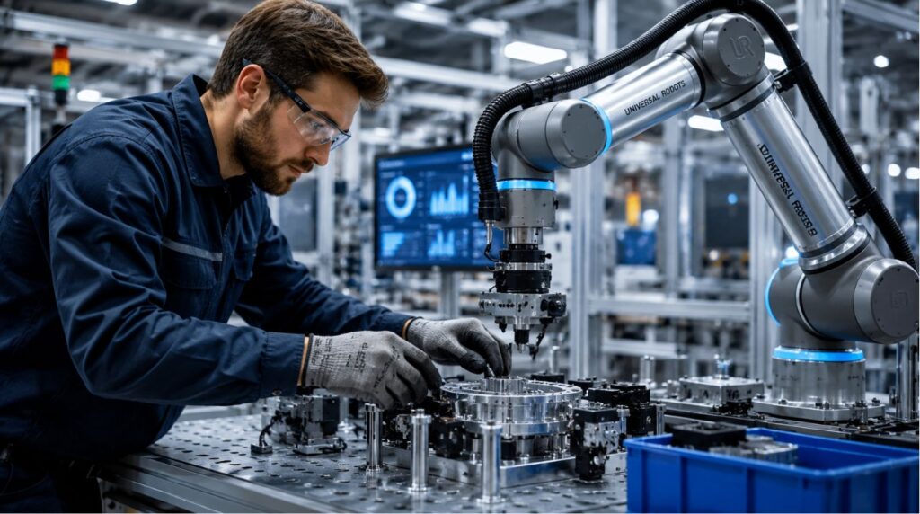 Factory worker collaborating safely with an intelligent cobot arm representing the future of human workers and AI in manufacturing