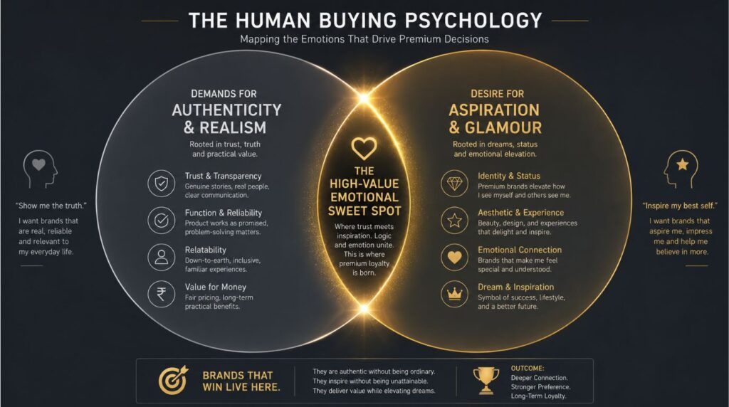 A marketing diagram analyzing the emotional tension between authenticity and aspiration in rebranding strategy steps.