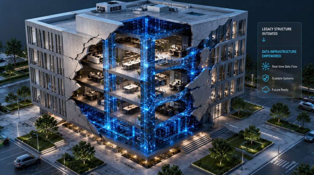 An architectural render of an office building transforming into digital pipelines, illustrating modern corporate restructuring trends.
