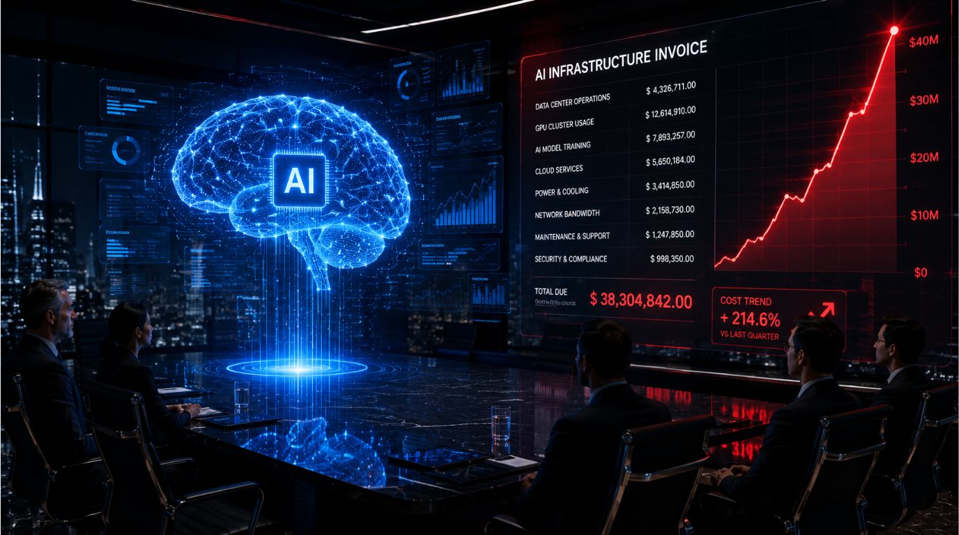 A corporate boardroom showing a spiking digital expense graph next to a glowing AI hologram, illustrating the rising cost of AI in business.