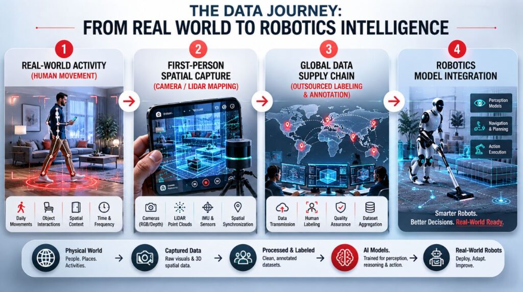 An infographic flowchart detailing the corporate supply chain that transforms human domestic movement into physical ai training data.