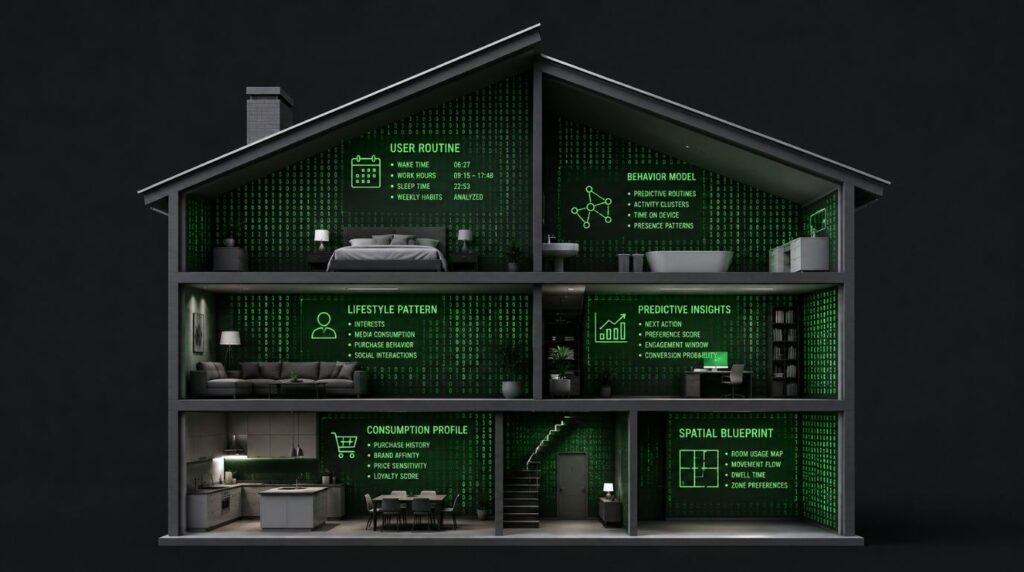 A conceptual cross-section graphic of a modern home displaying integrated data matrices, illustrating the privacy implications of physical ai training data.