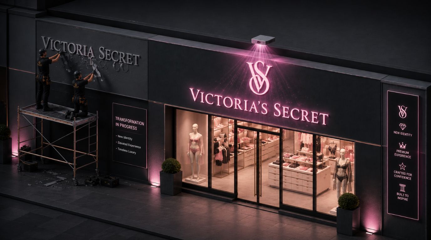 An architectural visualization of a retail brand storefront undergoing a luxury identity change, illustrating rebranding strategy steps.
