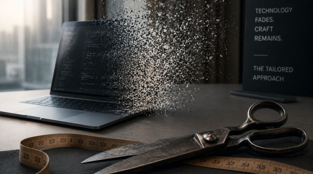 Traditional tailoring tools remaining solid while digital office equipment dissolves, symbolizing the durability of AI-resistant skills.