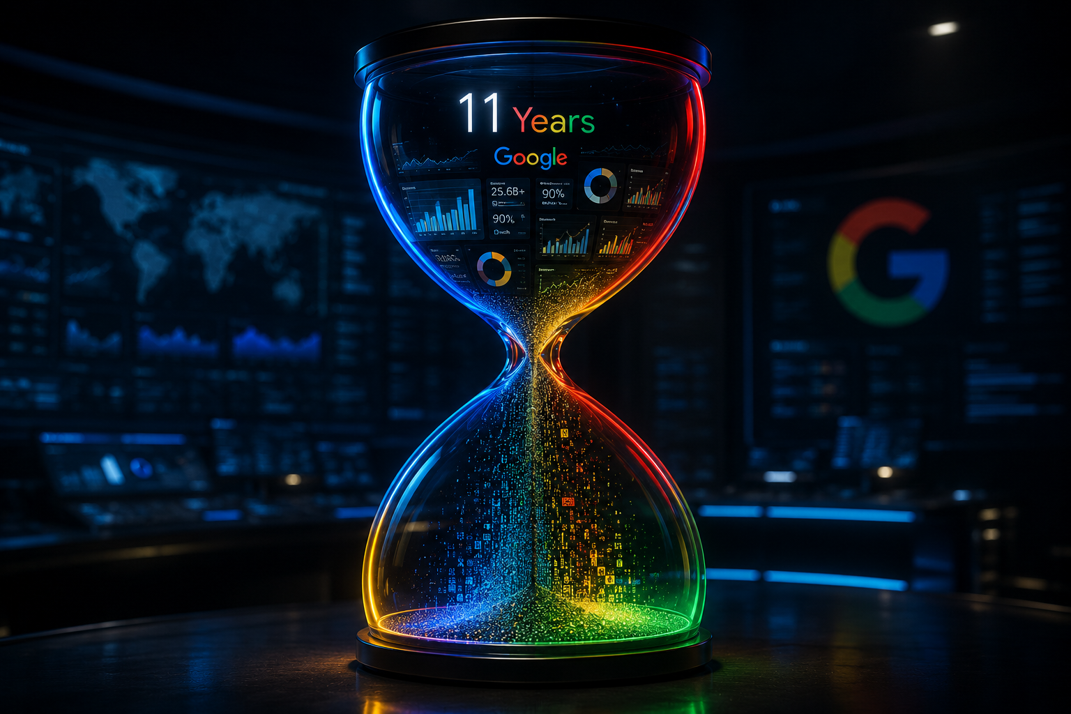 A digital hourglass representing the Google Ads data retention policy and the urgent need to save 11 years of historical data.
