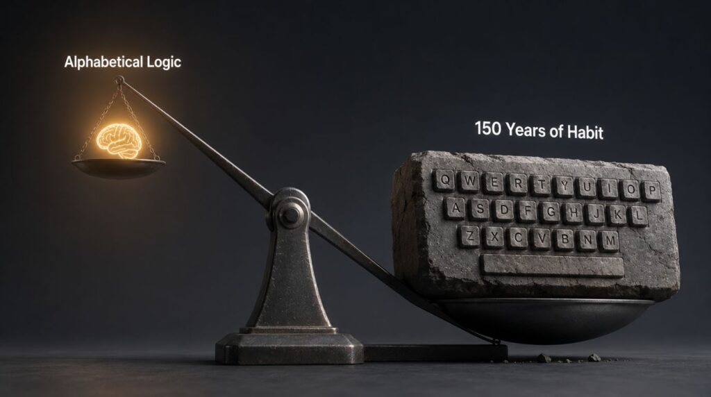 A balance scale showing how global habit outweighs logical design in the history of the UX scam.