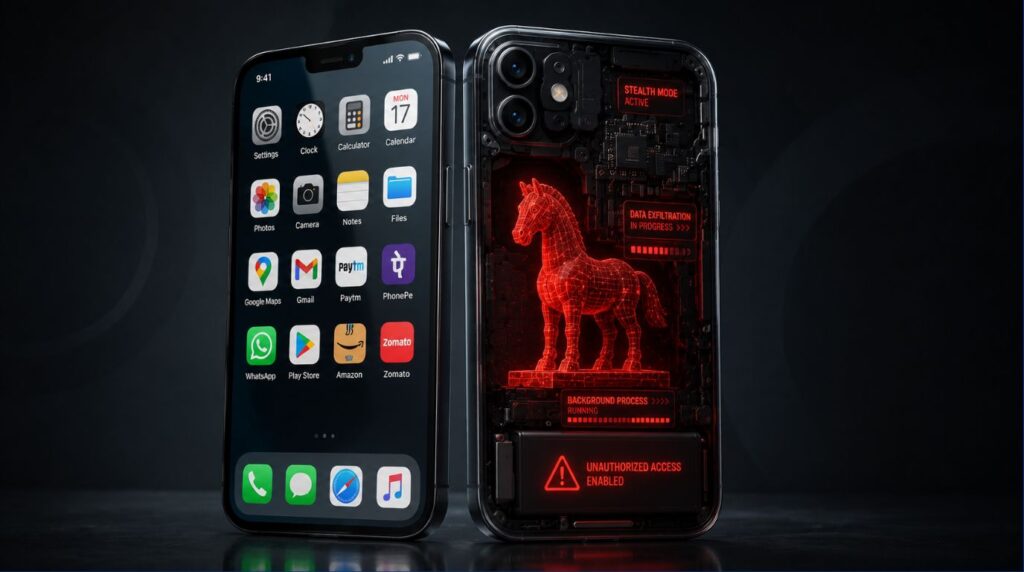 A conceptual 3D model of a smartphone with a hidden background threat, illustrating the danger of an APK file scam.