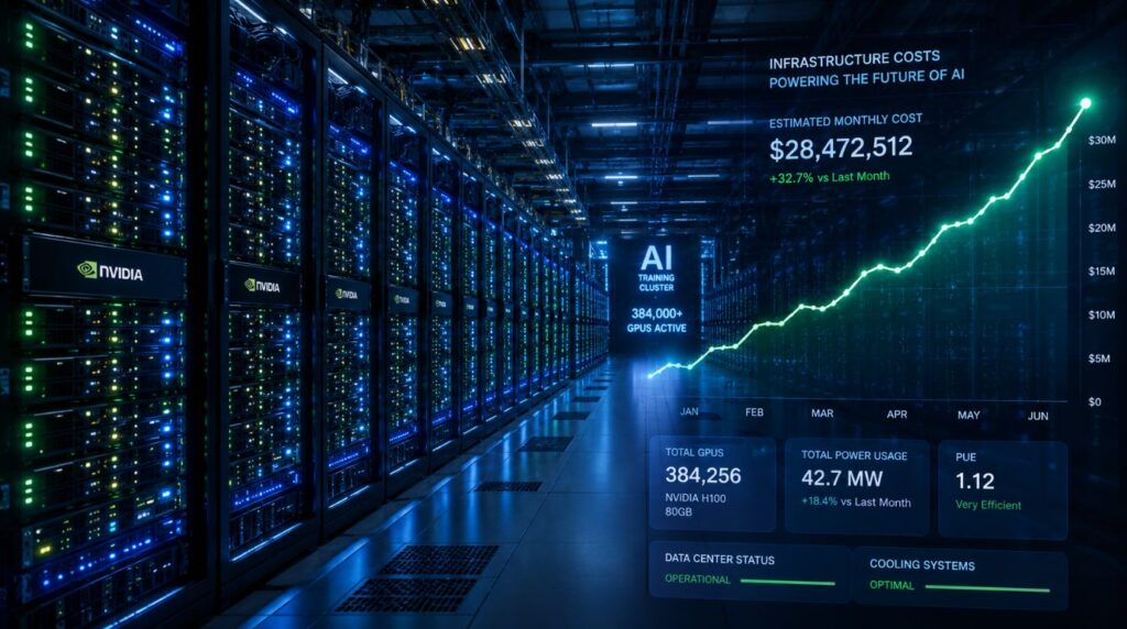 A vast server room data center representing the massive infrastructure costs that justify the rollout of a Meta AI subscription plan.