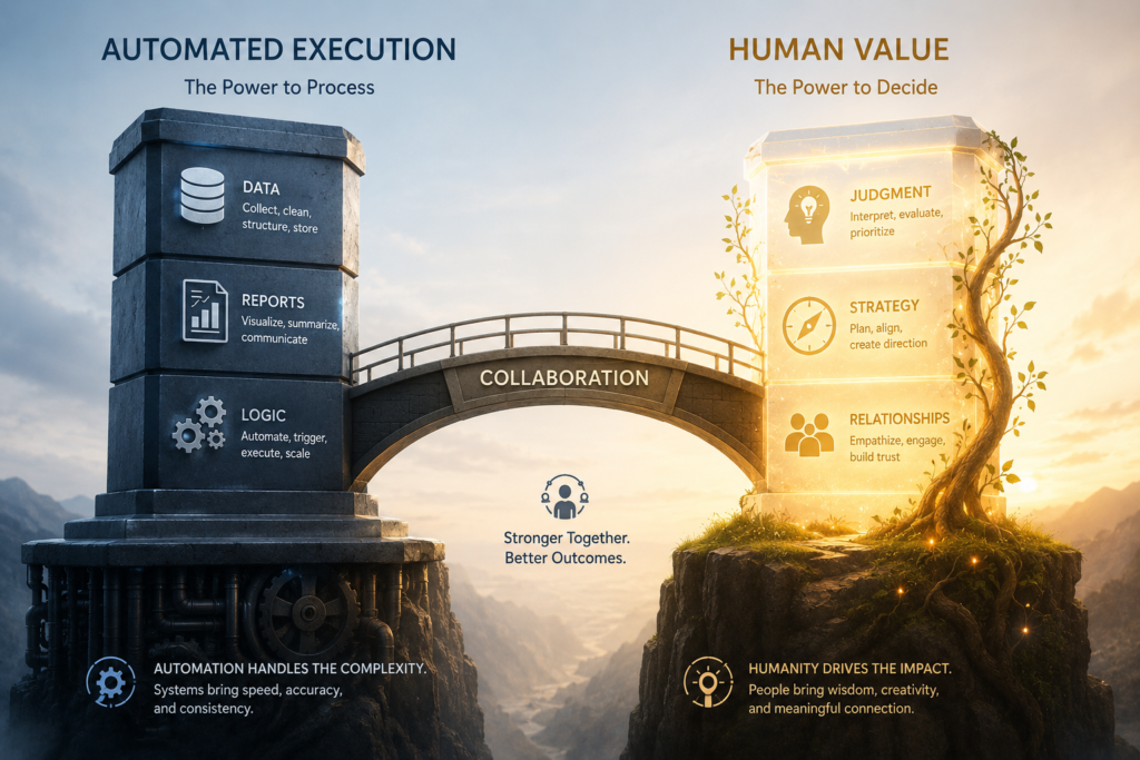 An infographic detailing the shift of human roles toward strategy and judgment within an AI-driven company restructuring framework.