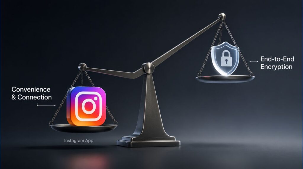 An infographic showing the trade-off users make between convenience and security after the Instagram end-to-end encryption update.
