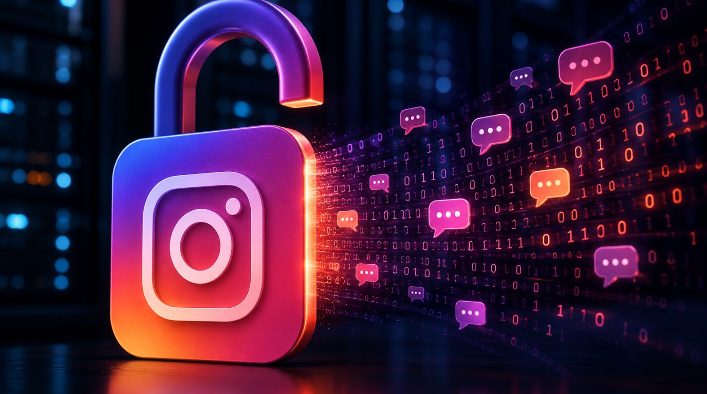 A visual representation of the Instagram end-to-end encryption update showing a digital lock opening to reveal conversation data.