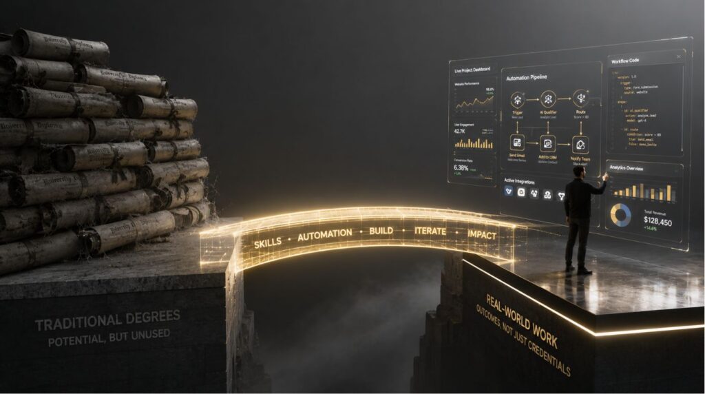 A conceptual 3D graphic showing a bridge from a stack of university degrees to an active digital project dashboard, highlighting the value of skills-first hiring.