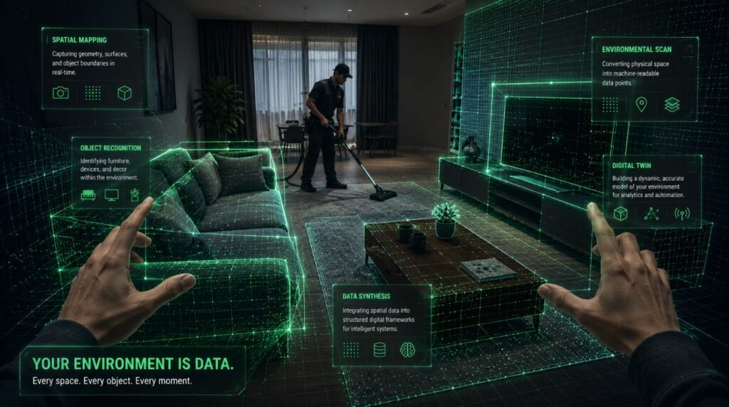 A holographic 3D architectural rendering mapping a domestic living room layout, capturing how real-world environments generate physical ai training data.