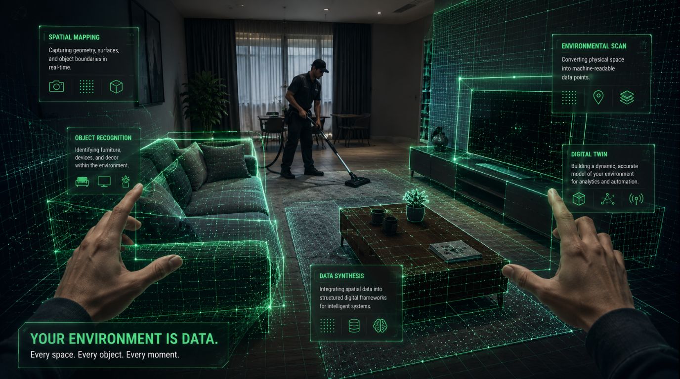 A holographic 3D architectural rendering mapping a domestic living room layout, capturing how real-world environments generate physical ai training data.
