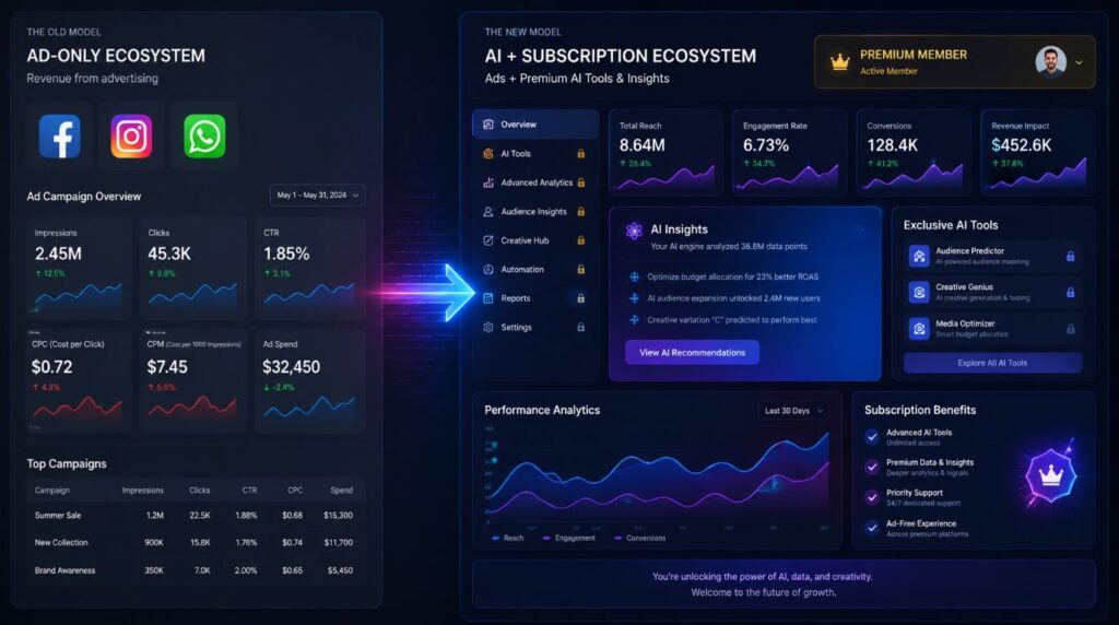 A digital marketing dashboard comparing ad metrics with premium features to highlight the business shift behind a Meta AI subscription.