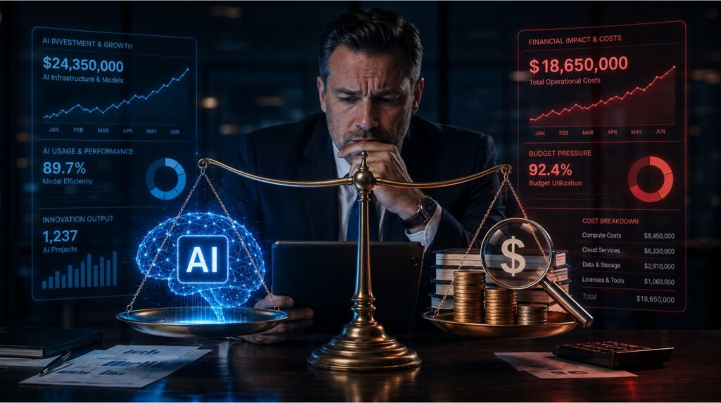 A business executive analyzing financial data on a tablet next to a balance scale with an AI icon, representing the challenge of managing the cost of AI in business