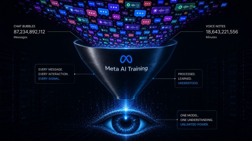 A visualization showing how the Instagram end-to-end encryption update feeds conversation data into AI systems.