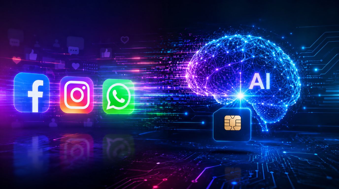A conceptual digital artwork illustrating the shift toward a paid Meta AI subscription model, showing social media icons transitioning into premium AI technology.