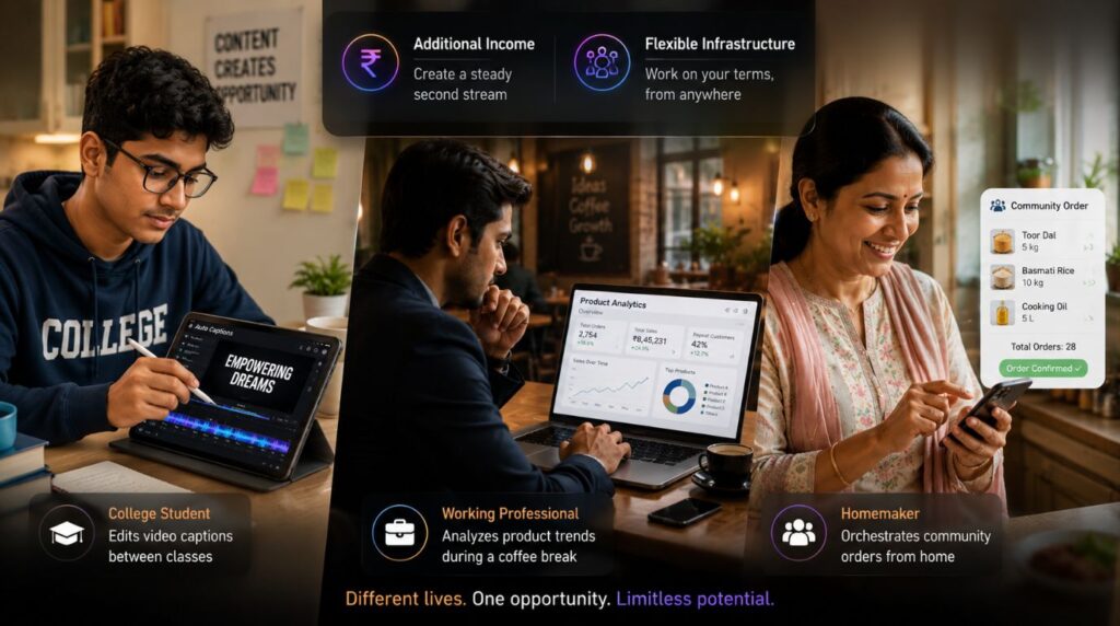 A collage of diverse digital micro-entrepreneurs driving the massive growth of the direct selling industry in India.