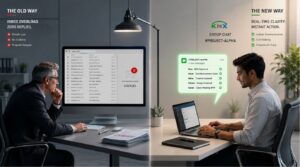An illustration displaying a corporate desk divided by different messaging habits, capturing the evolution of modern workplace communication.