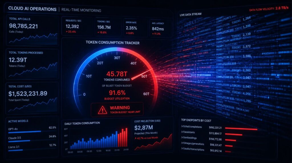 A digital dashboard displaying a token consumption tracker gauge in the red zone, highlighting the operational cost of AI in business.