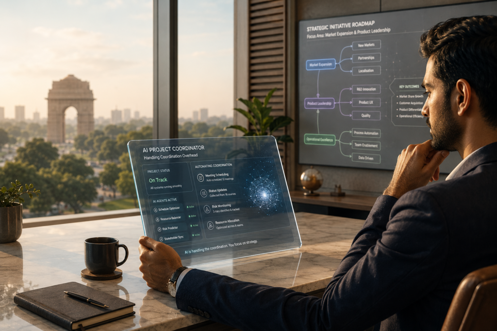 A professional successfully adapting to an AI-driven company restructuring by focusing on high-level decision-making and AI orchestration.