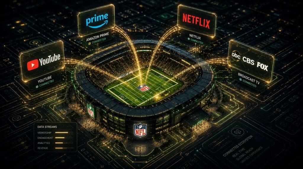 A 3D visualization representing the NFL media rights business model as a central operating system for global media and tech giants.