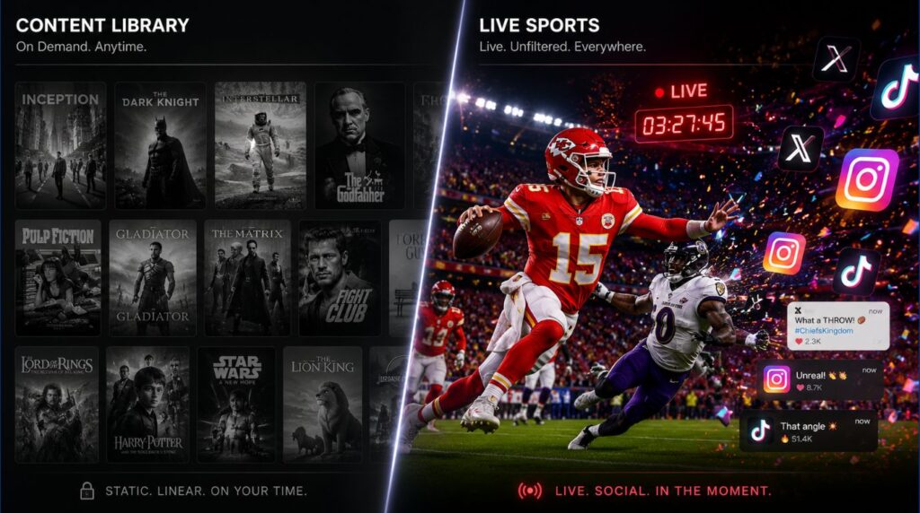 A comparison of static content libraries versus the live urgency driven by the NFL media rights business model.
