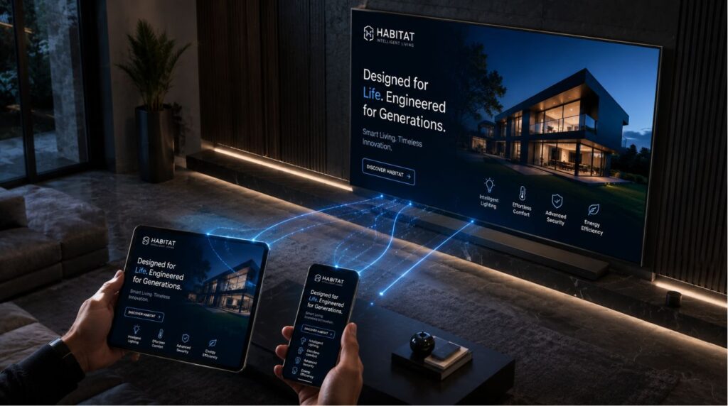 An isometric 3D visualization of a multi-screen household ecosystem, illustrating modern connected tv advertising trends.