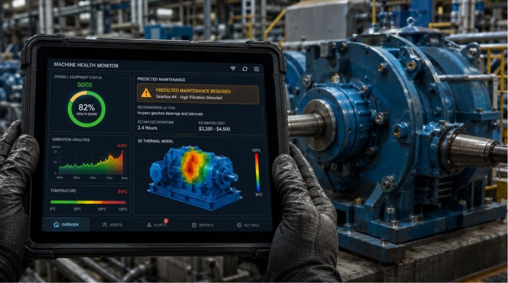 Industrial technician using a tablet with dashboard analytics for predictive maintenance powered by AI in manufacturing