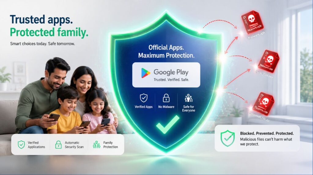A security shield blocking malicious files, showing how to prevent a mobile APK file scam.