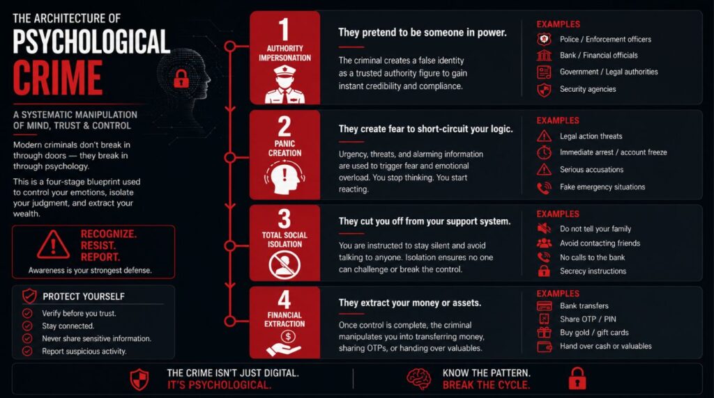An infographic breaking down the systematic phases and emotional manipulation steps behind modern social engineering tactics.