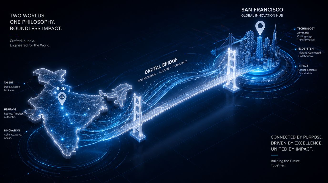 A 3D visualization showing the strategic link between Indian talent and the Silicon Valley AI ecosystem in 2026.
