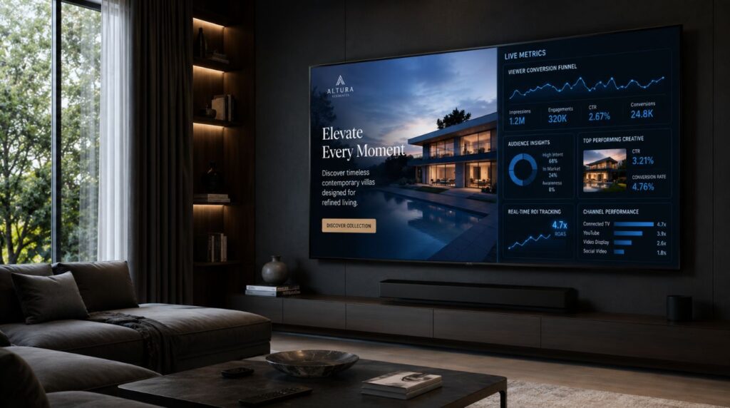 A modern smart television displaying an interactive digital campaign layout alongside performance metrics, illustrating current connected tv advertising trends.