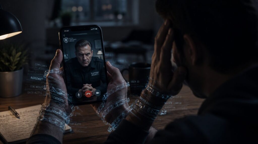 A cinematic illustration of a person trapped under continuous video surveillance, highlighting malicious social engineering tactics.