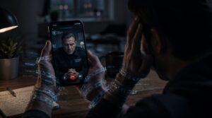 A cinematic illustration of a person trapped under continuous video surveillance, highlighting malicious social engineering tactics.