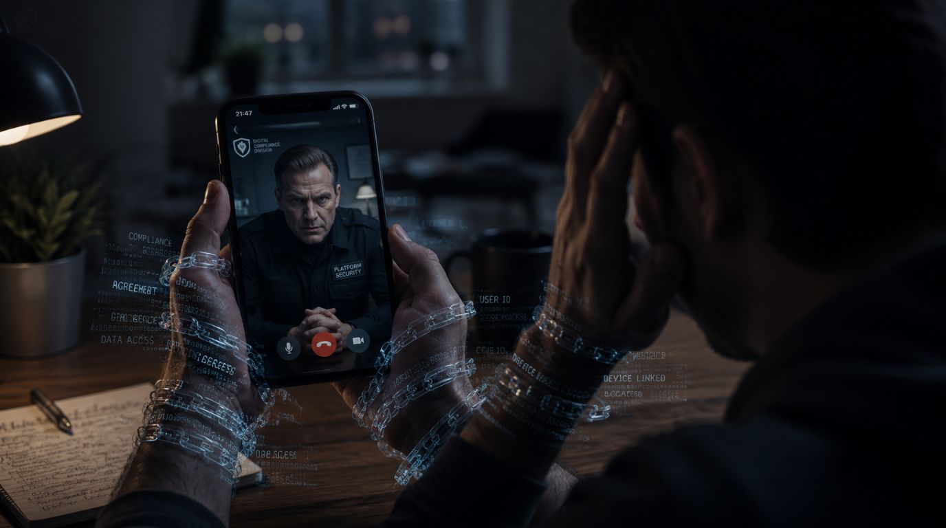 A cinematic illustration of a person trapped under continuous video surveillance, highlighting malicious social engineering tactics.