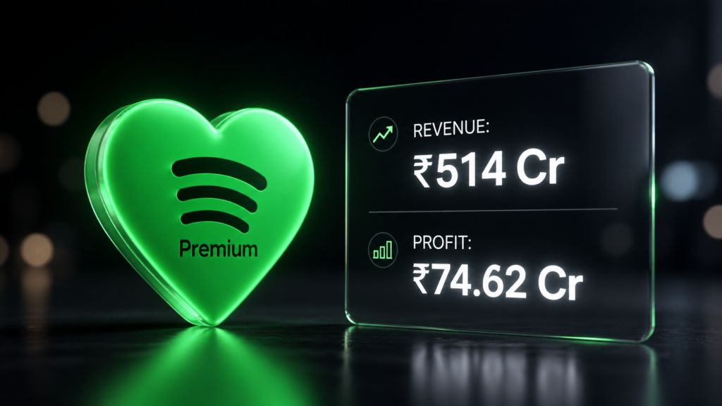 A 3D data visualization highlighting the growth of Spotify India revenue and its shift to profitability in 2026.