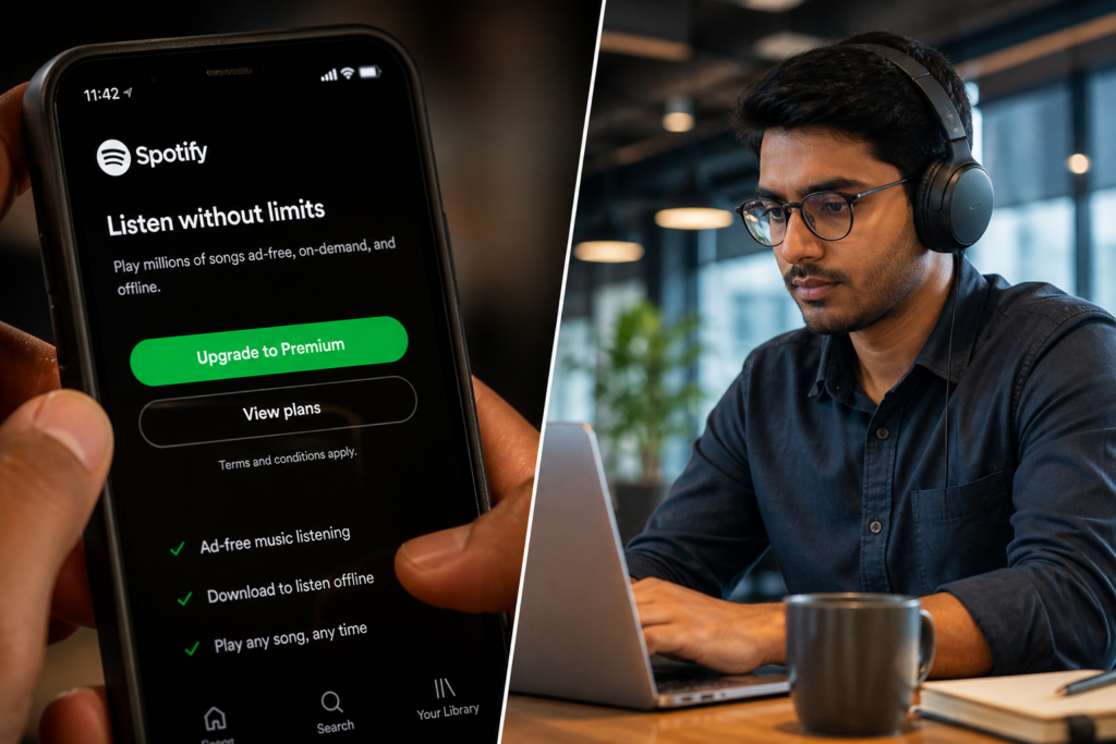 A user choosing a premium subscription, representing the shift in Spotify India revenue through habit-driven conversion.