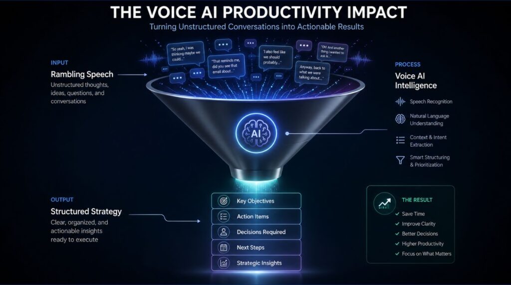 An infographic illustrating the voice AI productivity impact on turning speech into structured work.