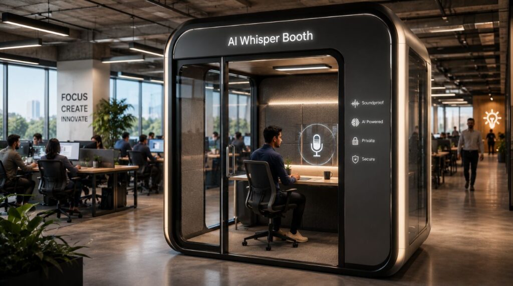 A soundproof booth designed to accommodate the growing trend of voice AI productivity in shared workspaces.