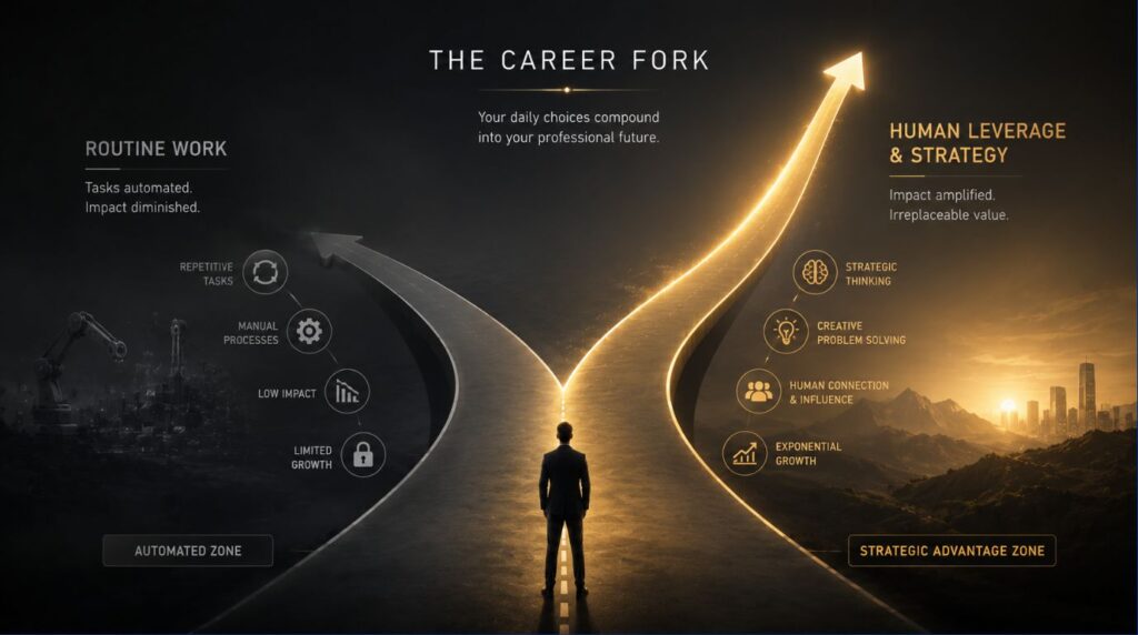 A strategic diagram showing the bifurcation of career paths under shifting corporate restructuring trends.