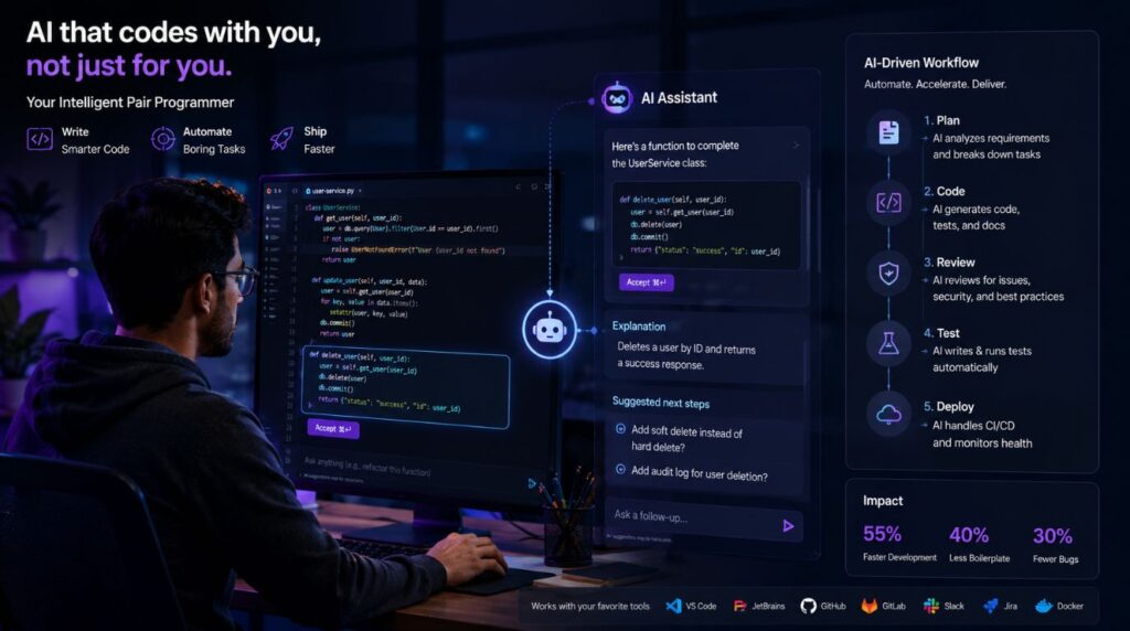 Software developer utilizing AI tools on a computer screen highlighting how AI reshapes Infosys hiring trends for entry-level positions.
