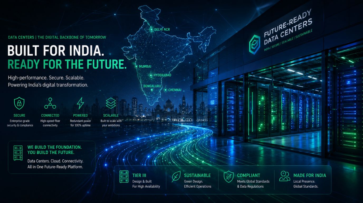 A futuristic data center facility representing the growth and core technological physical layout provided by AI infrastructure companies in India.