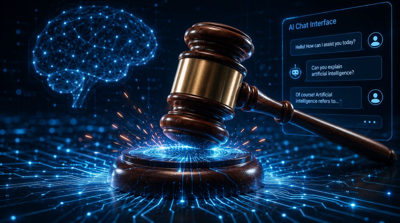 A conceptual digital graphic representing AI on trial with a classic courtroom gavel striking a futuristic glowing circuit board.
